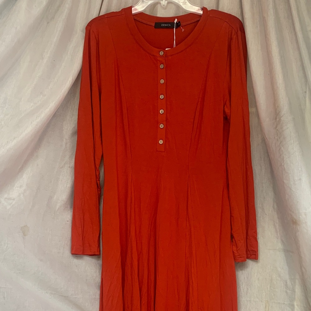 Zesica Red Long-Sleeve Henley Midi pocket Dress